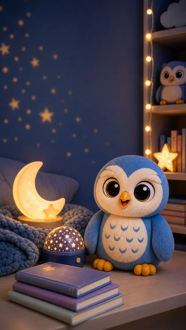 Ollie the blue owl plush on a bedtime shelf with soft lighting