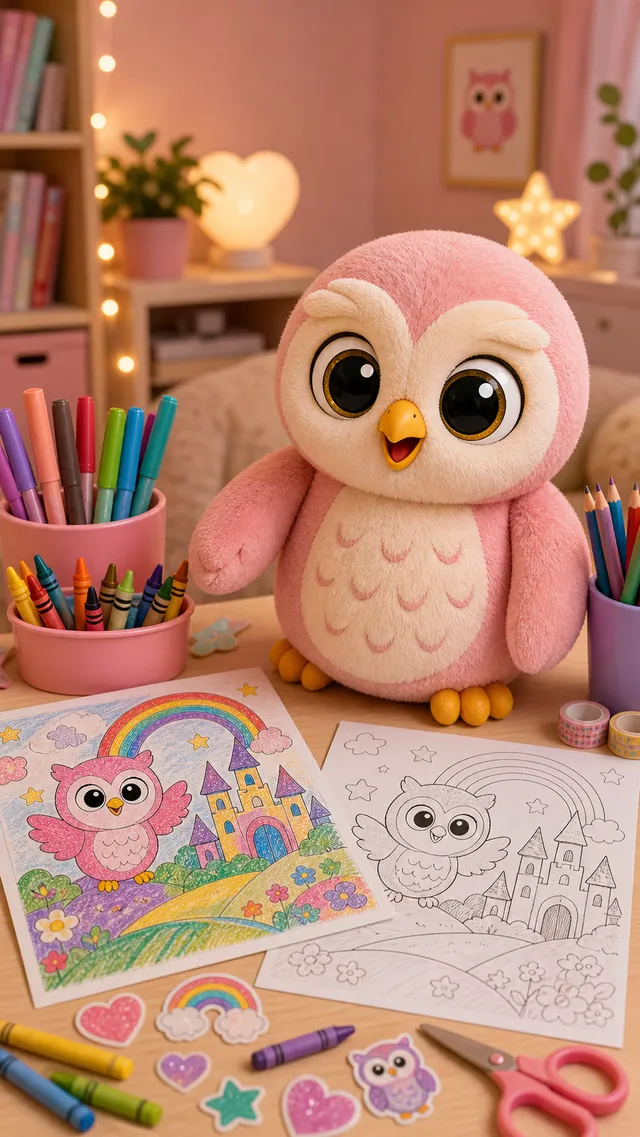 A craft desk with printed OWLClaw coloring pages, some colored in and some ready to start