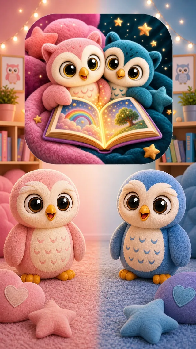 Ollie the Owl plush characters in pink and blue, sitting in a cozy playroom