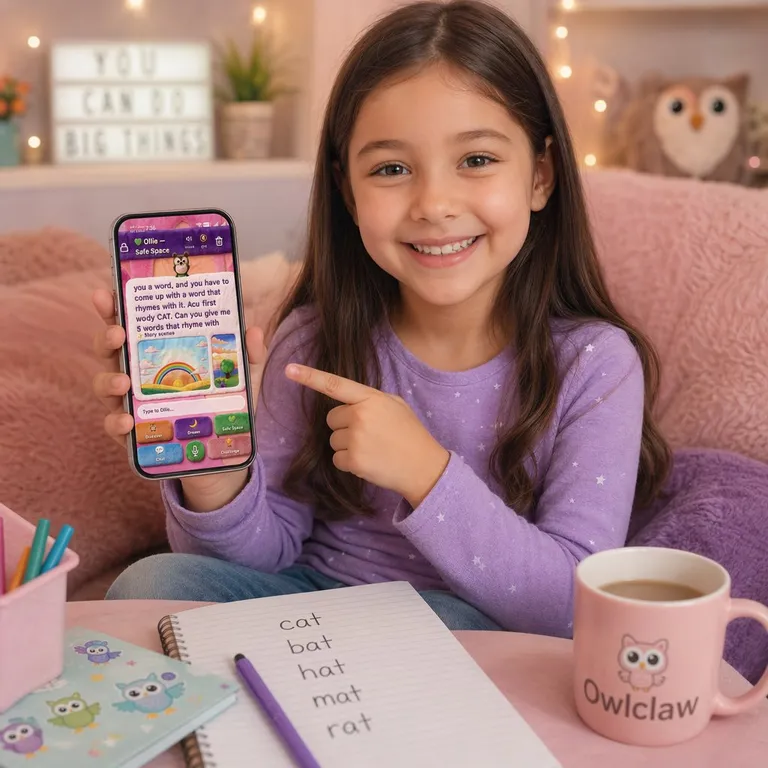 A child playing with the OWLClaw app next to an Ollie the Owl plush